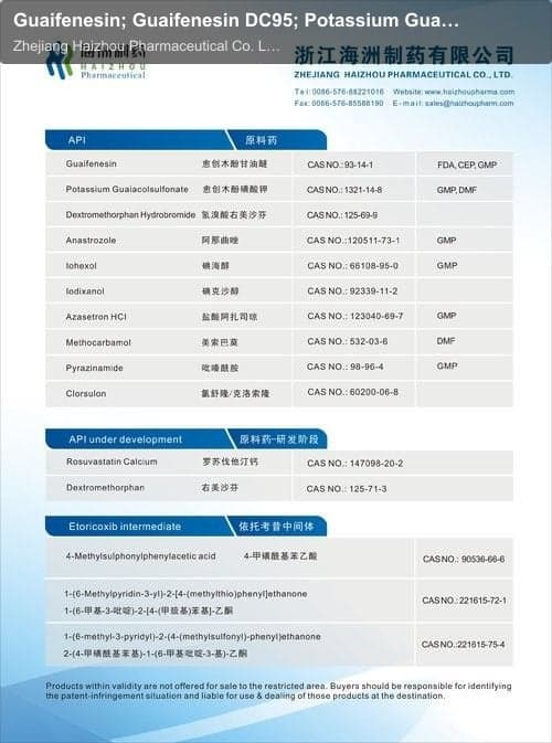 Guaifenesin; Guaifenesin DC95; Potassium Guaiacol Sulfonate; Iohexol; Anastrozole; Irsogladine Malea