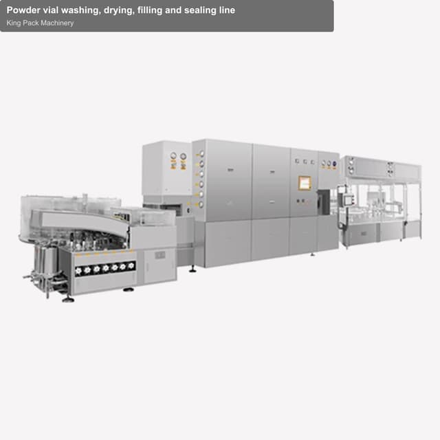 Powder vial washing, drying, filling and sealing line
