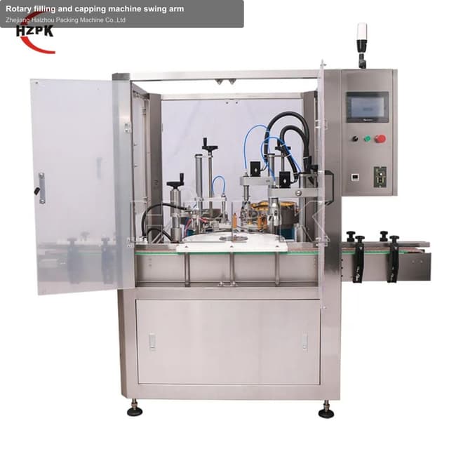Rotary filling and capping machine swing arm