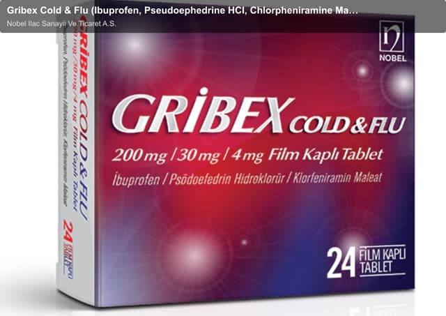 Nobel Ilac Sanayii Ve Ticaret A.S. sell "Gribex Cold & Flu (Ibuprofen, Pseudoephedrine HCI, Chlorpheniramine Maleate) 200 mg/30 mg/4 mg Film Coated Tablet"